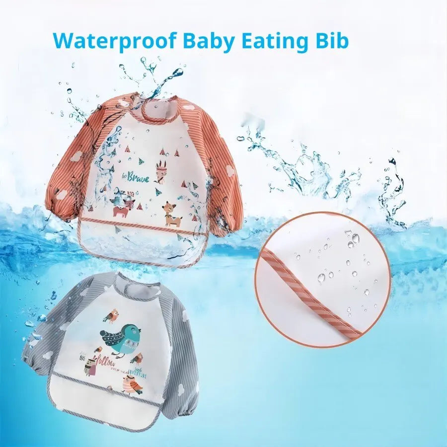 MessShield™ Baby Bib – Bavoir Imperméable à Manches Longues  avec Motifs Cartoons